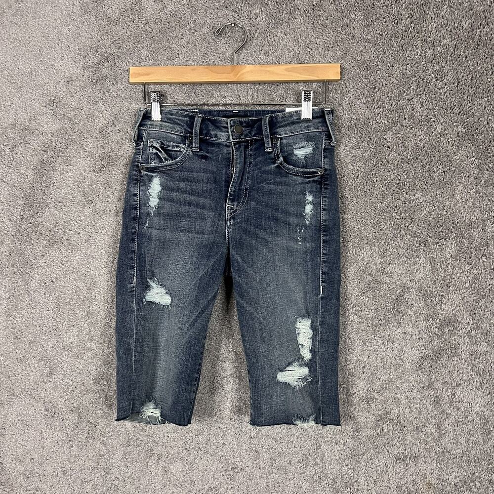 True Religion Womens 25 Denim Shorts Blue Distressed Knee Length Cotton Blend